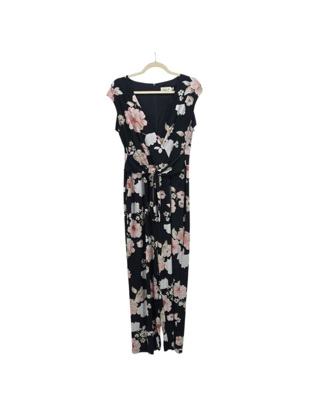 Eliza J Womens Large Jumpsuit Floral Black Pink V-Neck Cap Sleeve Tie Cocktail